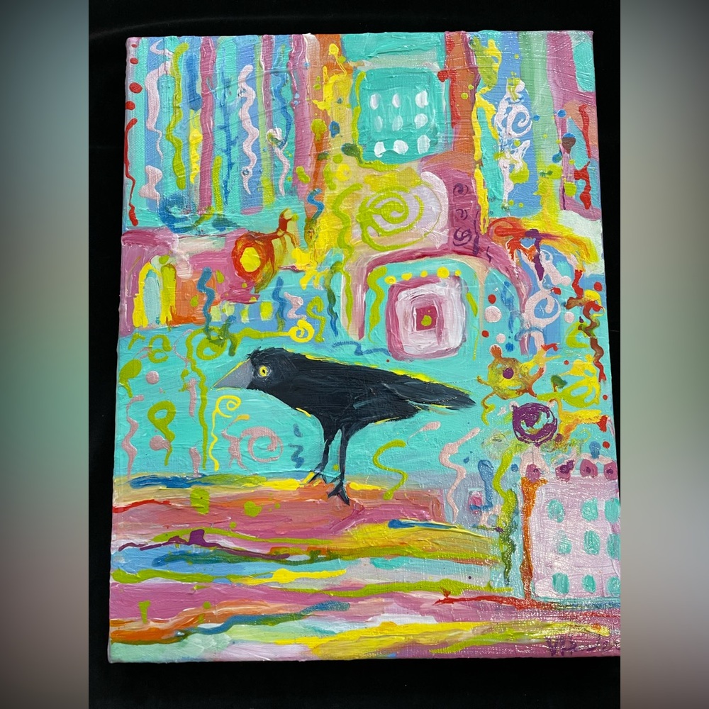 “Choose Happiness “Large Original Acrylic Painting 18”x14” With Crow - Picture 6 of 11